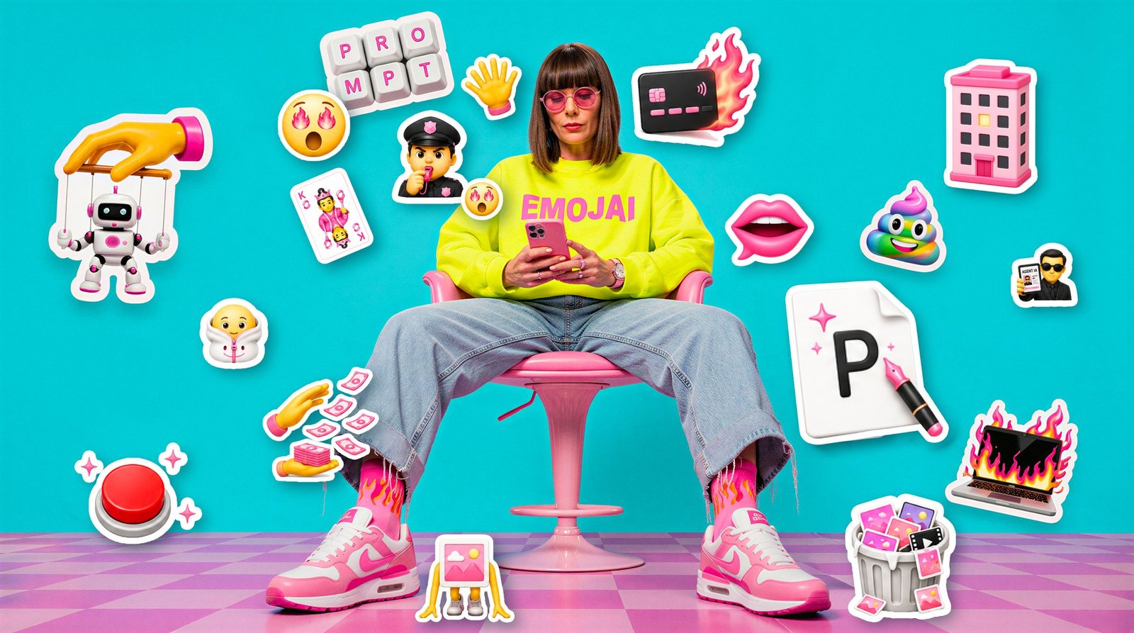 emojai — woman surrounded by AI emoji stickers